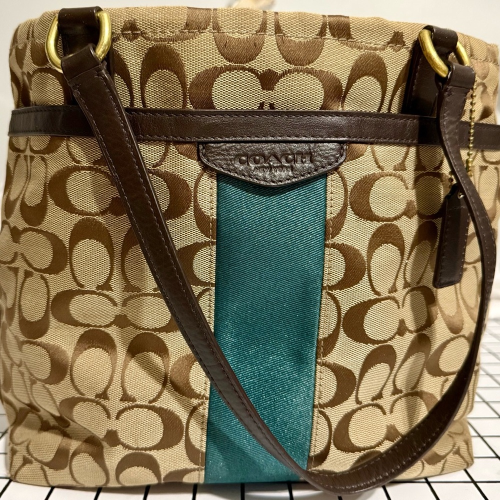 Coach Signature Stripe Tote Bag – Brown & Teal Canvas with Leather Trim